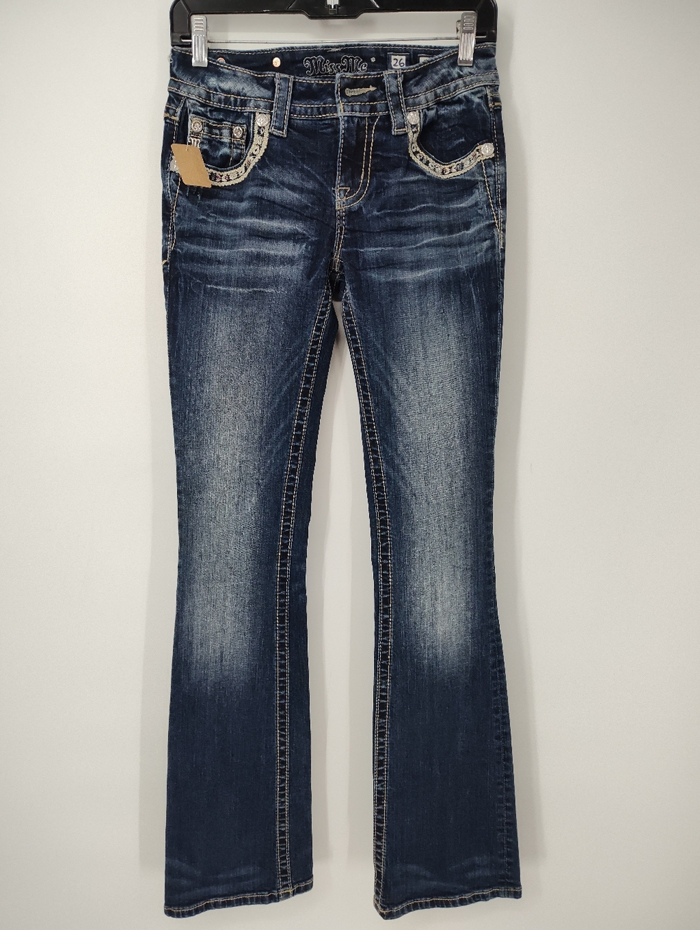 Miss Me Dark Blue Mid Rise Boot Cut Jeans with Embellished Pockets Women's 26